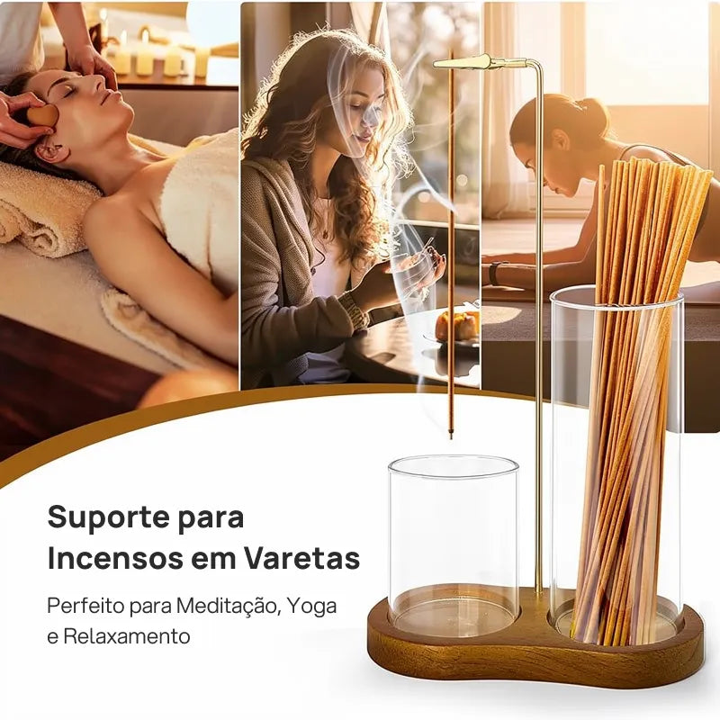 Porta incenso e vela 2 em 1 com base madeira, coletor cinzas vidro, difusor aromático decorativo elegante funcional para casa moderna aconchegante