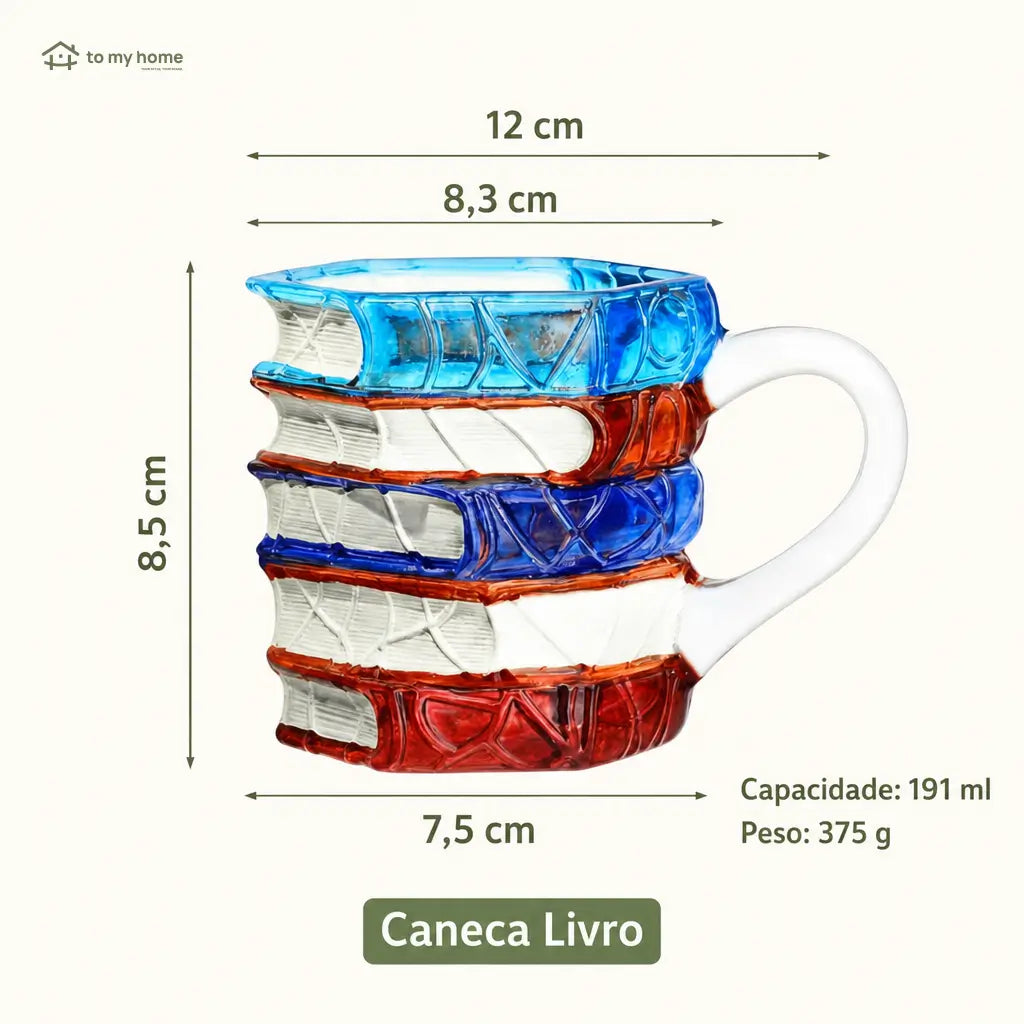 Caneca de cerâmica em formato de livros empilhados com arte 3D colorida para café, leitura e presente criativo para amantes de literatura