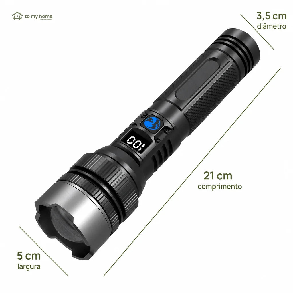 Lanterna LED recarregável 2200 lúmens com power bank, zoom ajustável, visor digital e resistência à água para camping, apagões e emergências