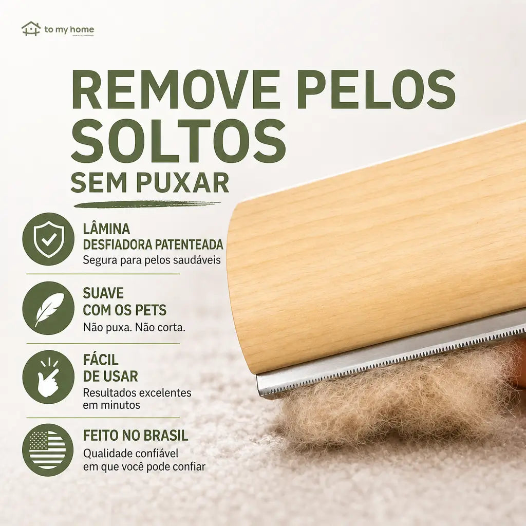 Escova removedora de pelos 15 cm com lâmina inox e cabo de madeira para cães, gatos, sofás, tapetes e caminhas