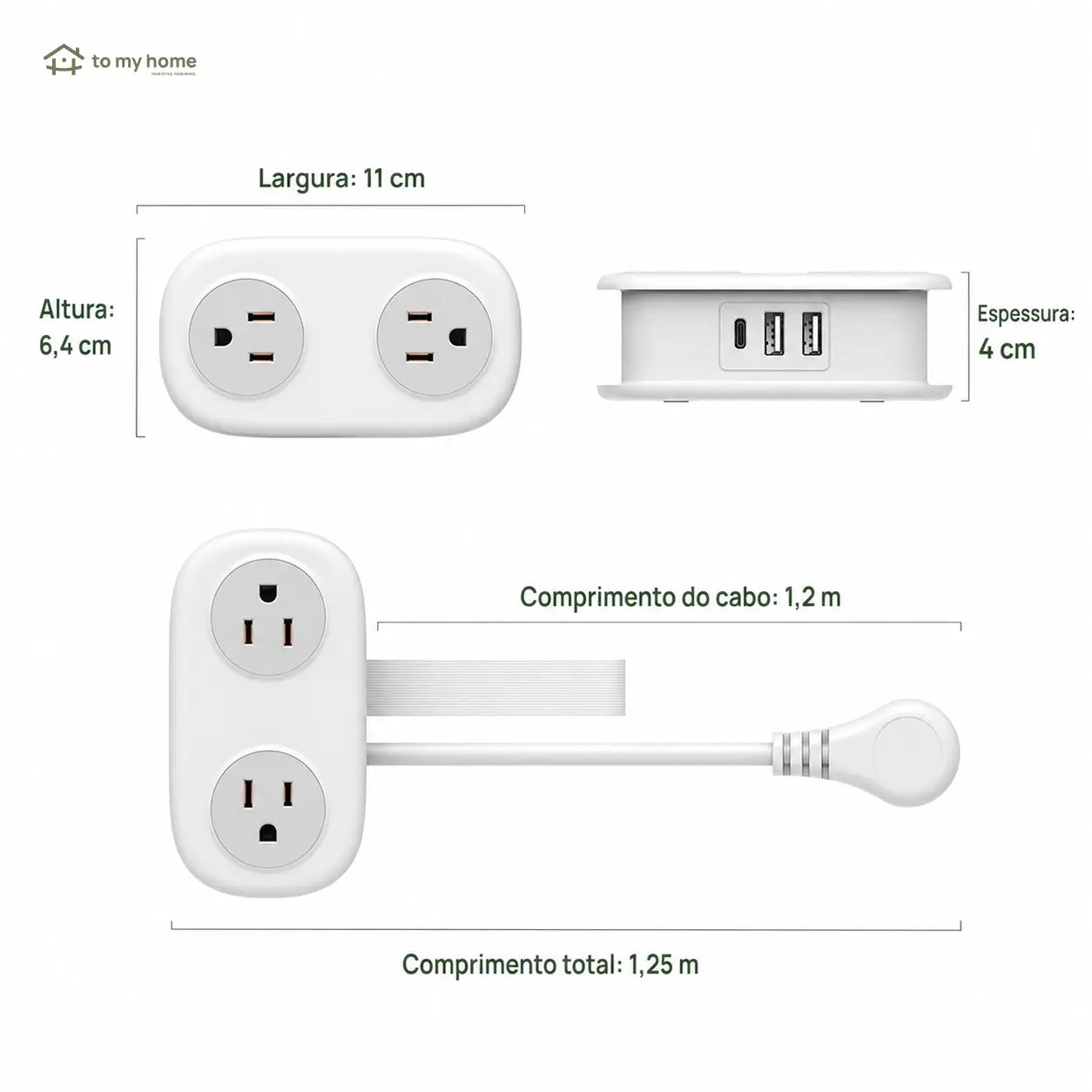 Filtro de linha compacto para viagem com 4 tomadas, USB-C e cabo curto enrolável, ideal para hotel, cruzeiro e mesa de trabalho