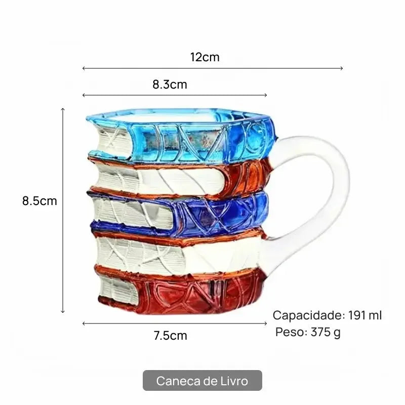 Caneca cerâmica 3D com livros empilhados, design criativo artístico, acabamento delicado, presente leitores decoração funcional ideal casa escritório amantes leitura